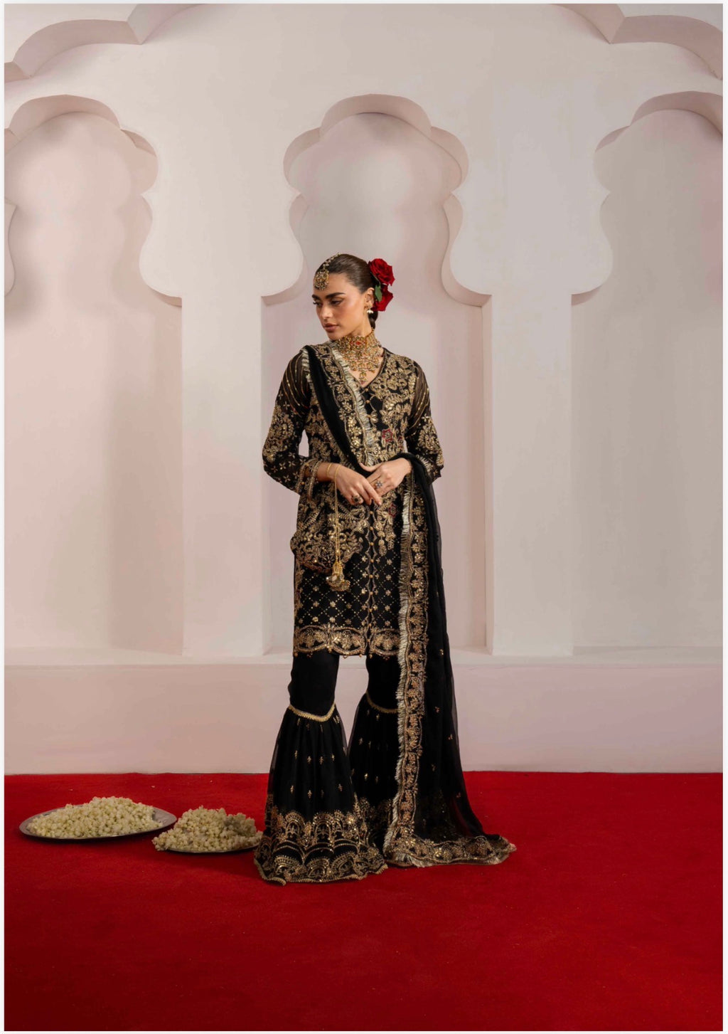ALANI Black | 4 piece Embroidered chiffon Gharara Suit