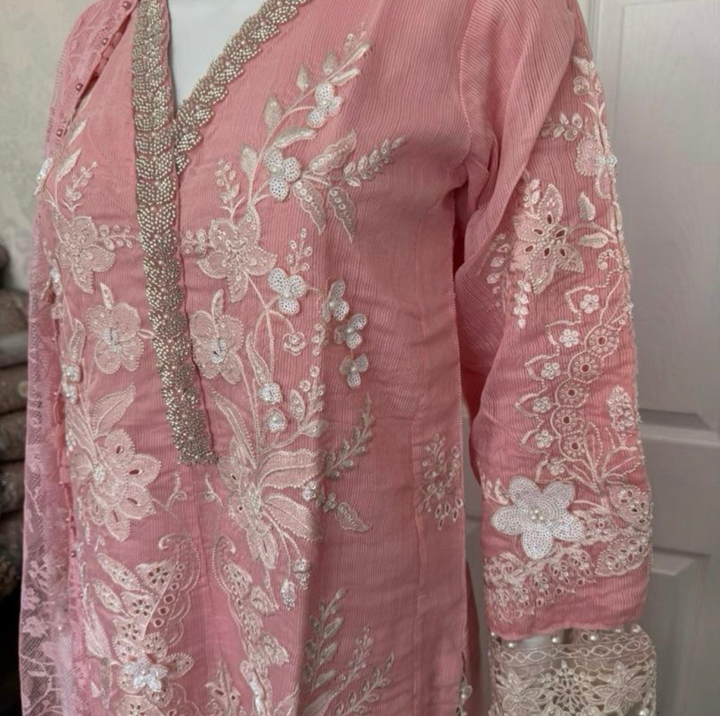 Rose Quartz | 3 piece Luxury Embroidered khaadi Net Suit