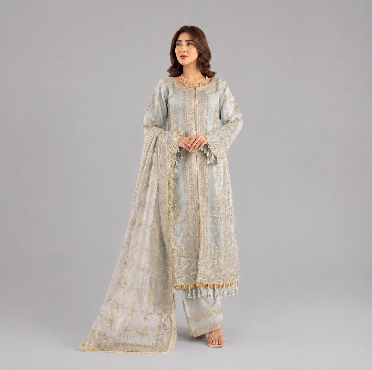 NUREH | 3 piece heavy embroidered soft organza wedding suit