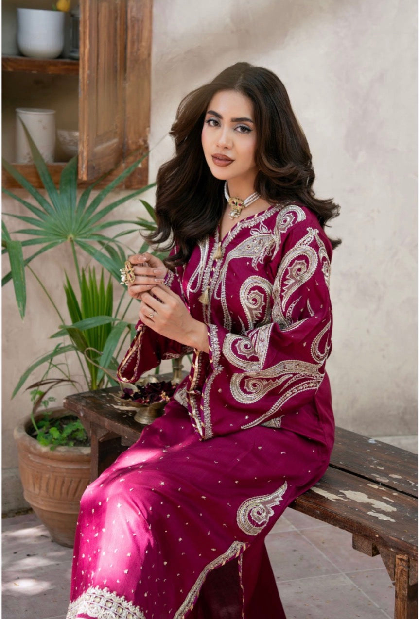 ROYA | 2 piece Magenta Embroidered viscose Kaftan Set Festive & Party Wear