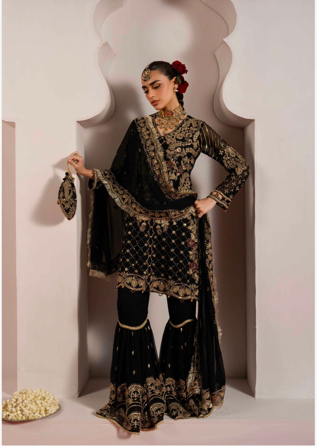 ALANI Black | 4 piece Embroidered chiffon Gharara Suit