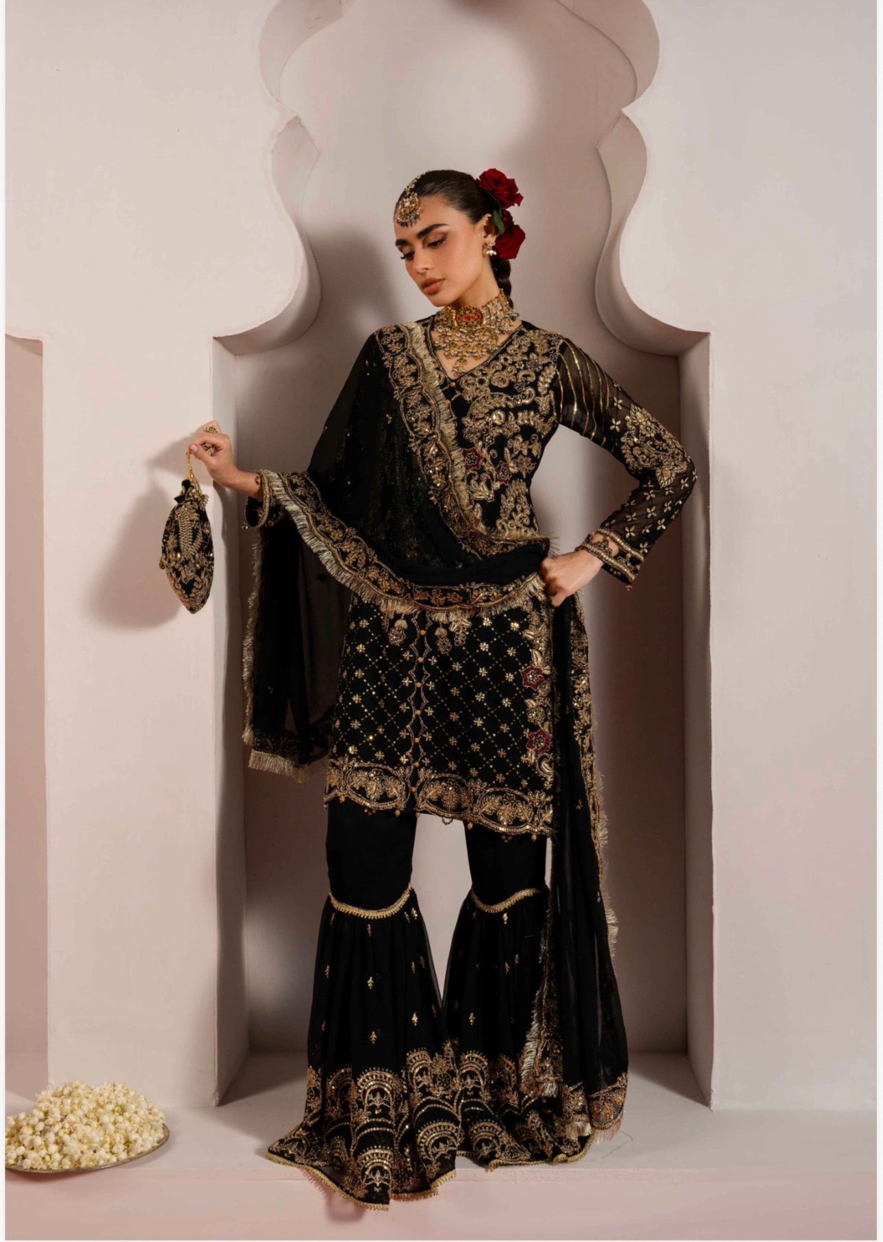 ALANI Black | 4 piece Embroidered chiffon Gharara Suit