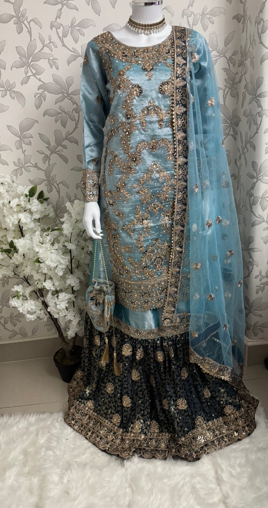 AMAIRA | 3 pieces heavy Embroidered shinny Masoori wedding Gharara Suit