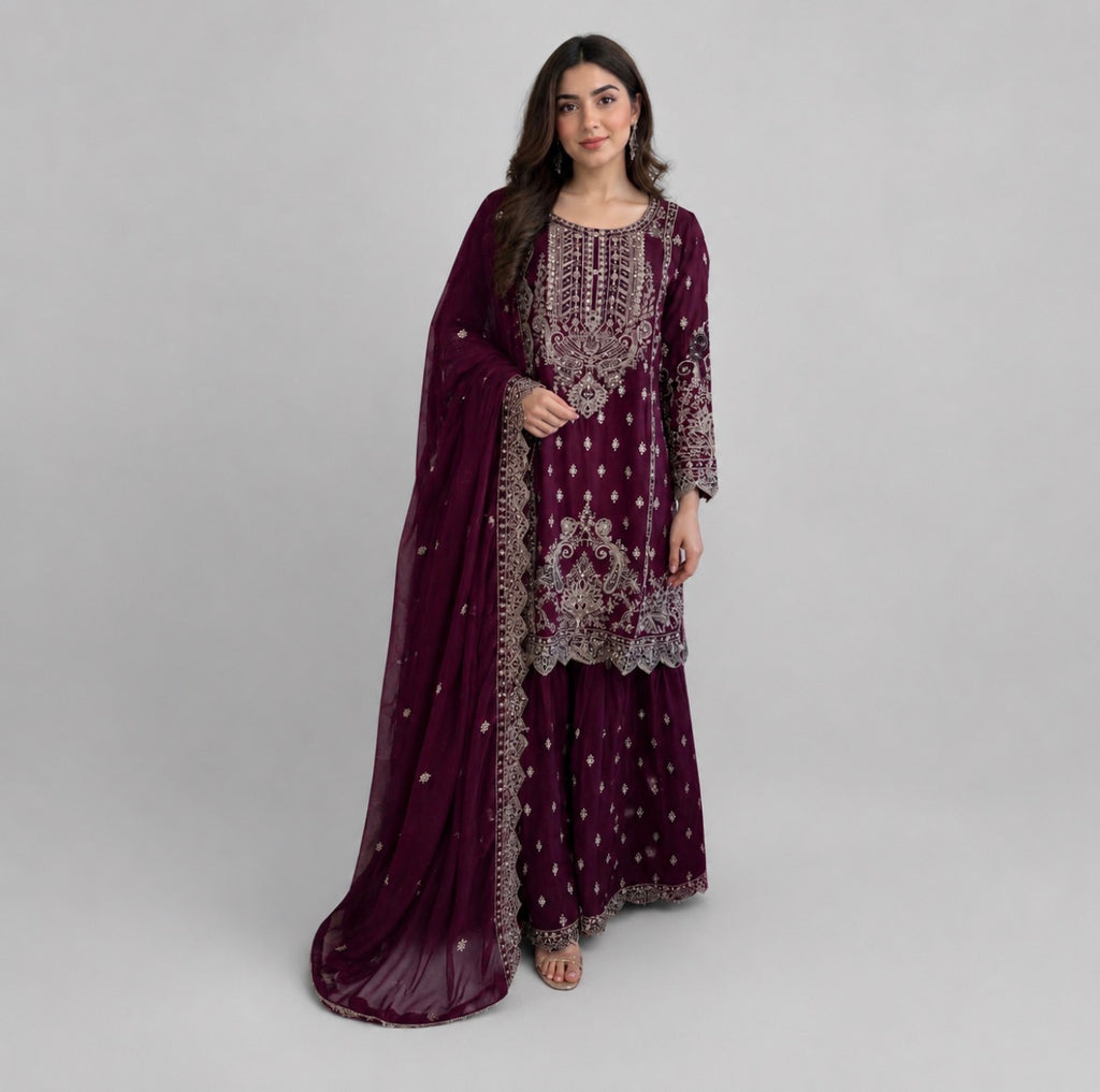 SAFFA | 3 piece Embroidered Chiffon Gharara Suit