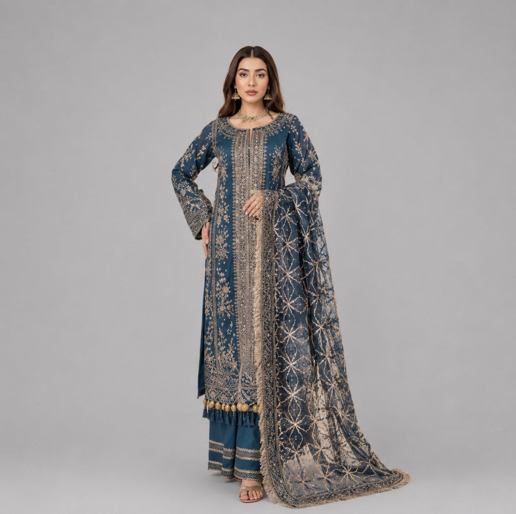 NUREH | 3 piece heavy embroidered soft organza wedding suit