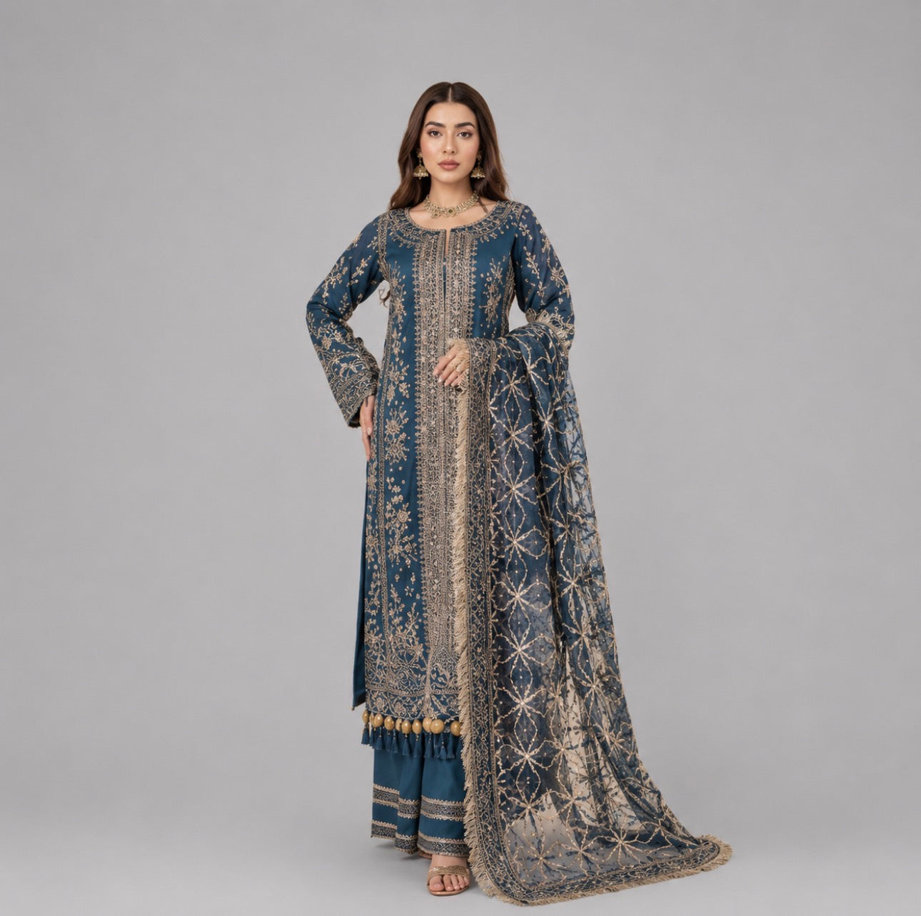 NUREH | 3 piece heavy embroidered soft organza wedding suit