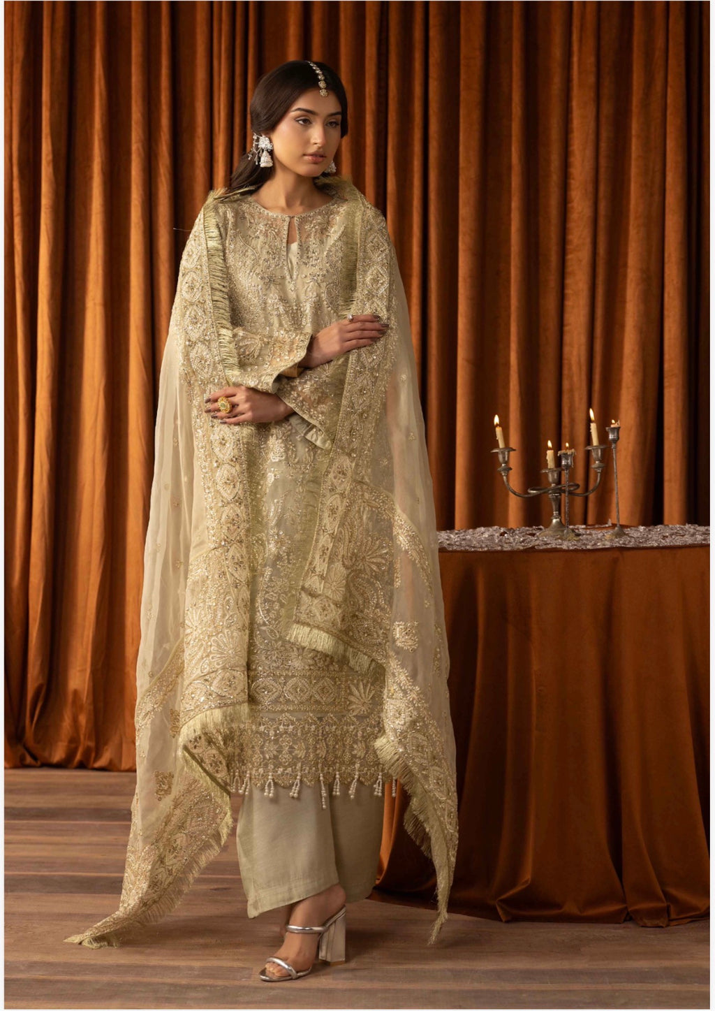AFROZ Sage green | 3 piece Embroidered soft Organza Suit