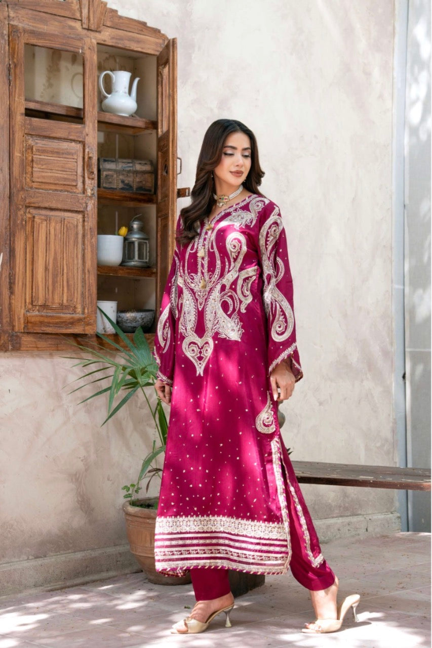 ROYA | 2 piece Magenta Embroidered viscose Kaftan Set Festive & Party Wear