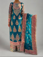 MAAHI | 3 piece heavy Embroidered silk wedding wear suit- TEAL