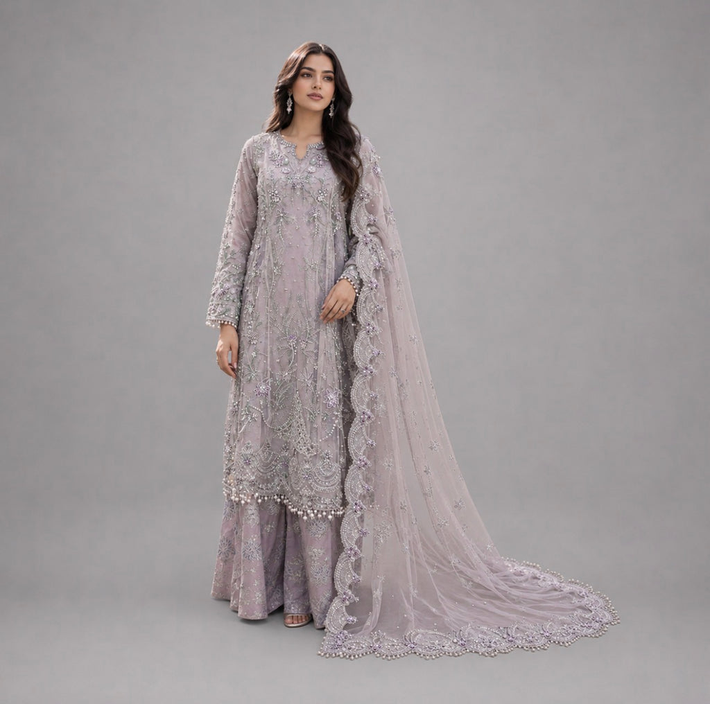 Lilac Moonlight- 3 piece Embroidered Luxury Net Suit