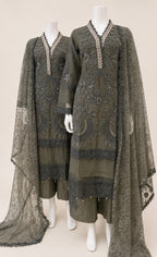 Sage Elegance | 3 piece Luxury Embroidered khaadi Net Suit