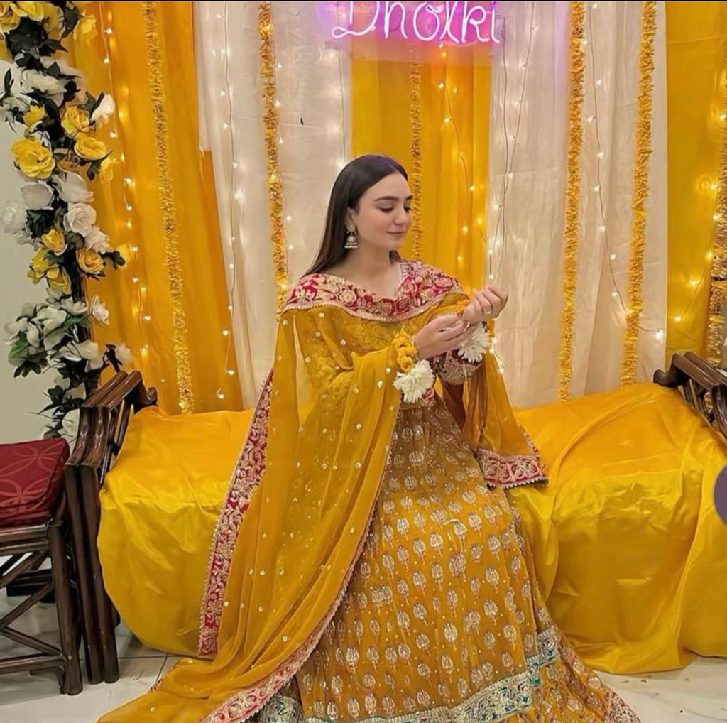 SATRANGI | 4 piece heavy Embroidered Chiffon Bridal Mayon Maxi suit