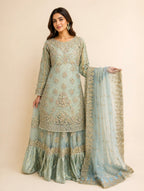 SONNA | 3 piece Luxury Embroidered Net wedding Sharara stitched Suit