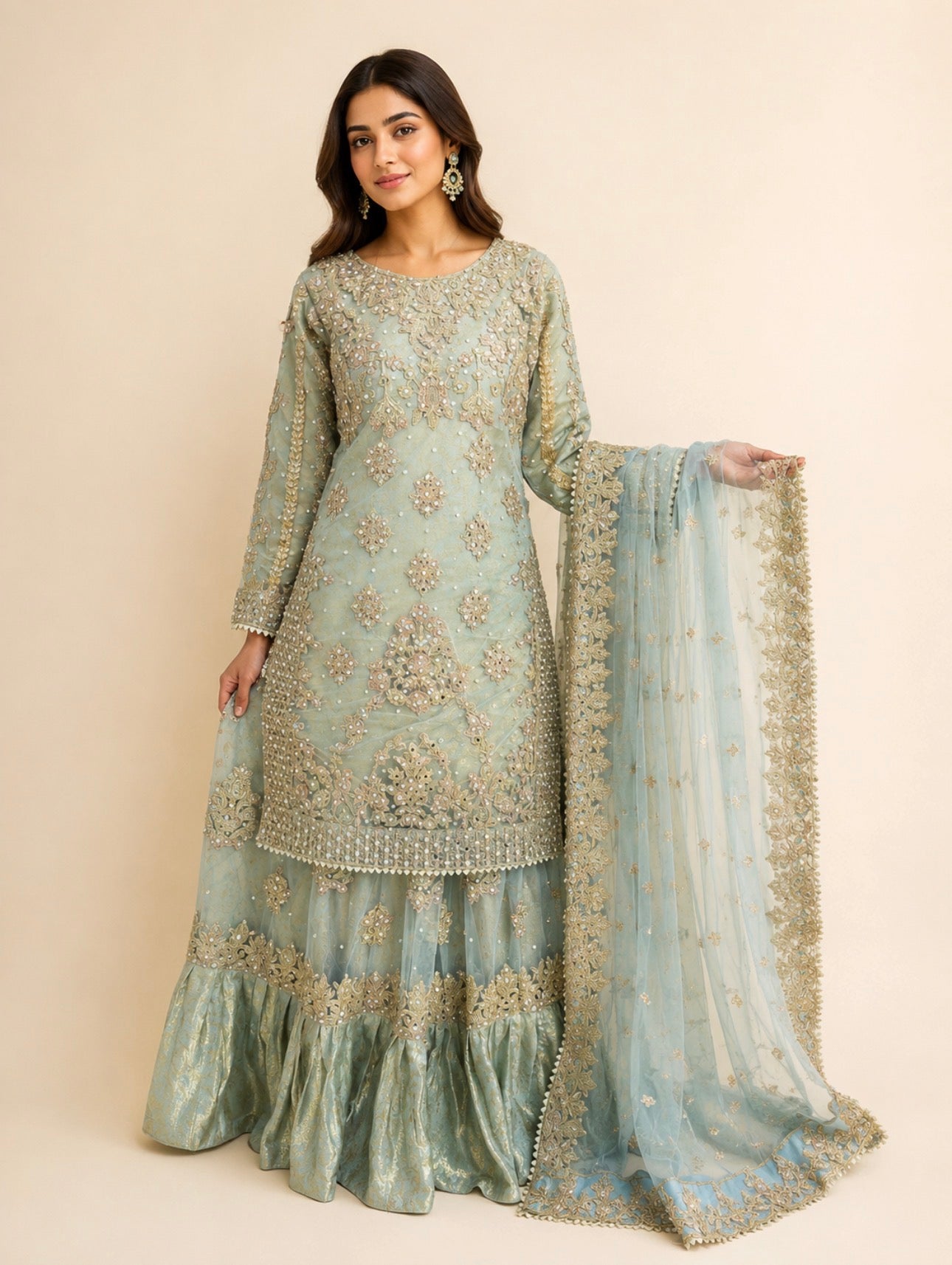 SONNA | 3 piece Luxury Embroidered Net wedding Sharara stitched Suit