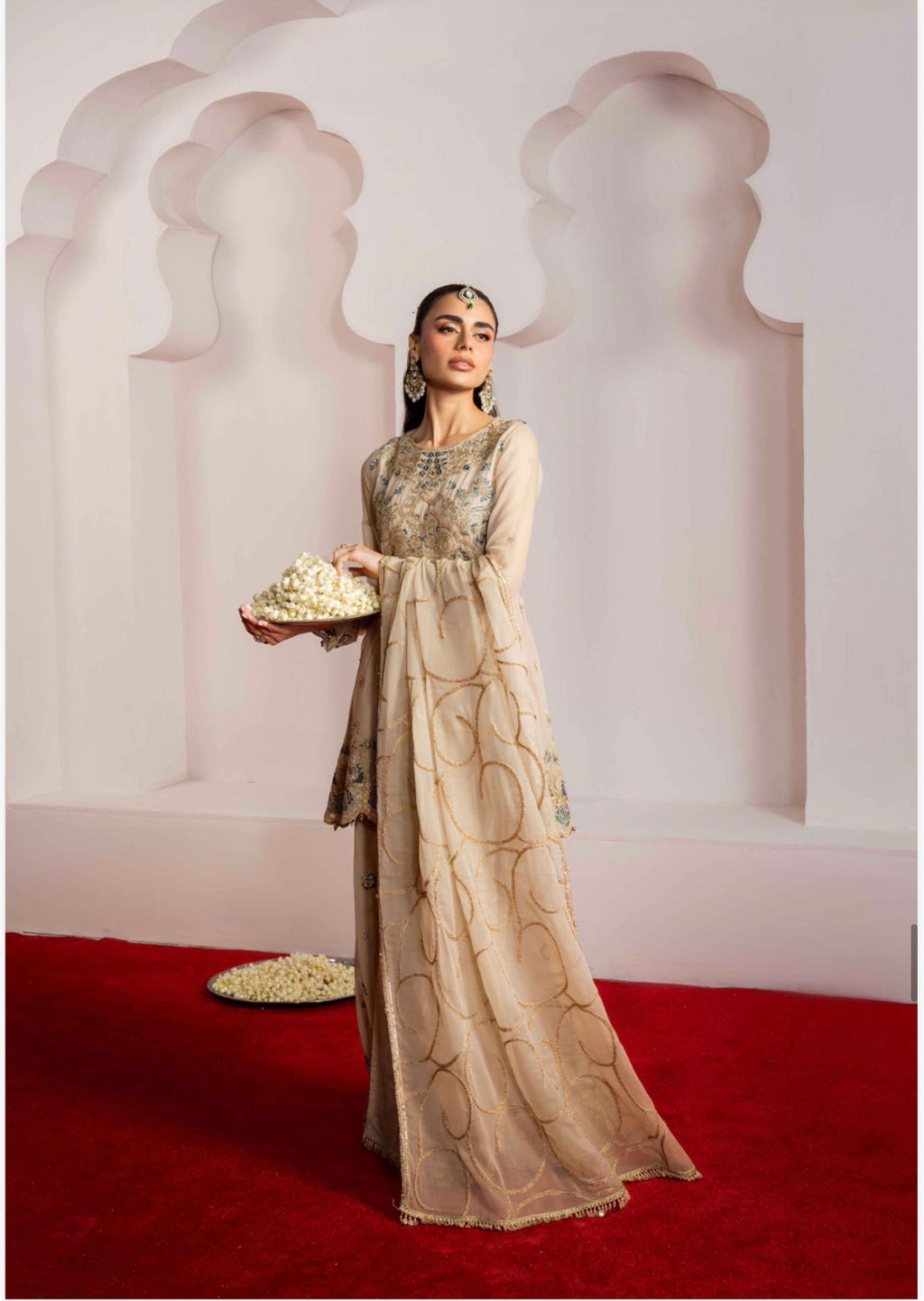 ALANI Champagne Beige | 3 piece Embroidered chiffon Peplum Suit
