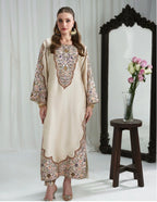 Luxury Cream 3 Piece Pakistani Embroidered silk kaftan Suit | Women’s Festive Wear