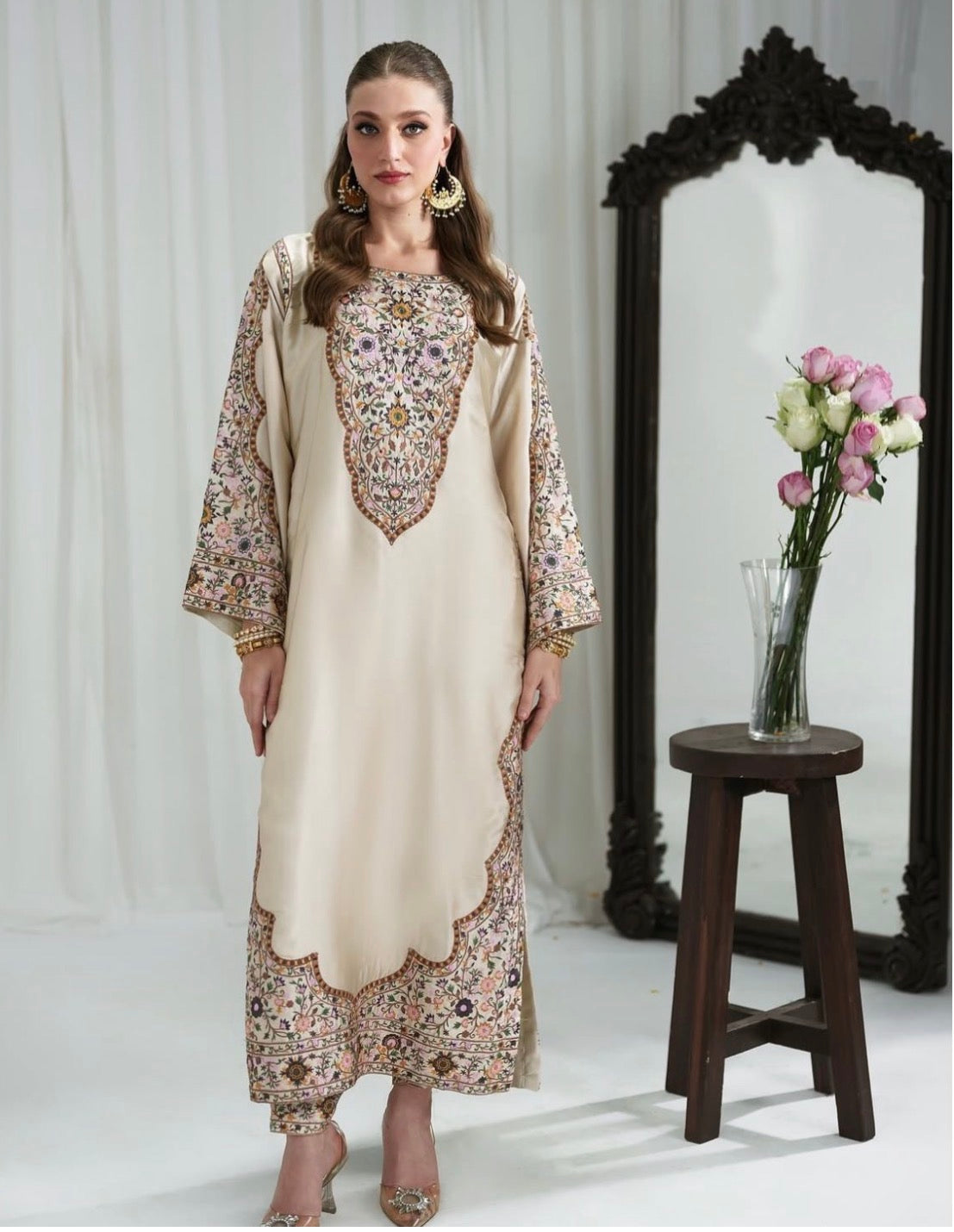 Luxury Cream 3 Piece Pakistani Embroidered silk kaftan Suit | Women’s Festive Wear
