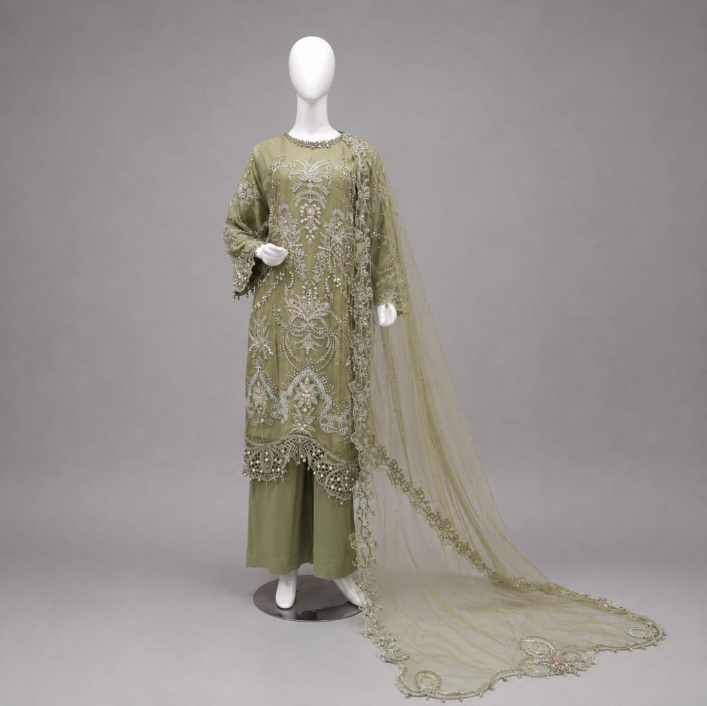 Sage Serenity- 3 piece Embroidered Luxury Suit