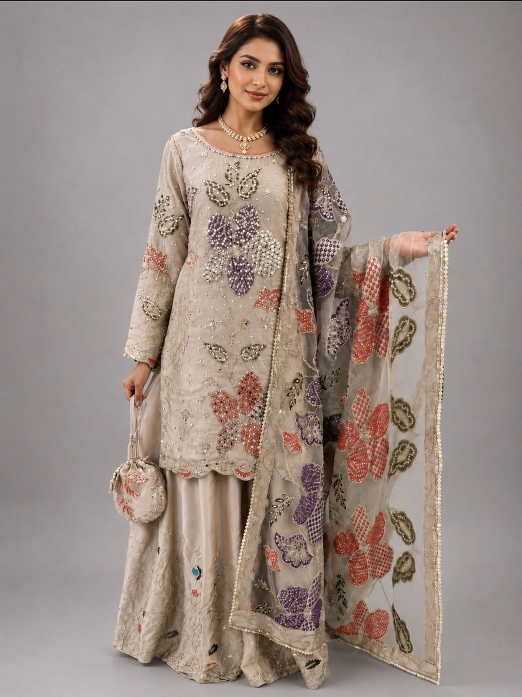 Embroidered silk sharara Suit with Floral Dupatta