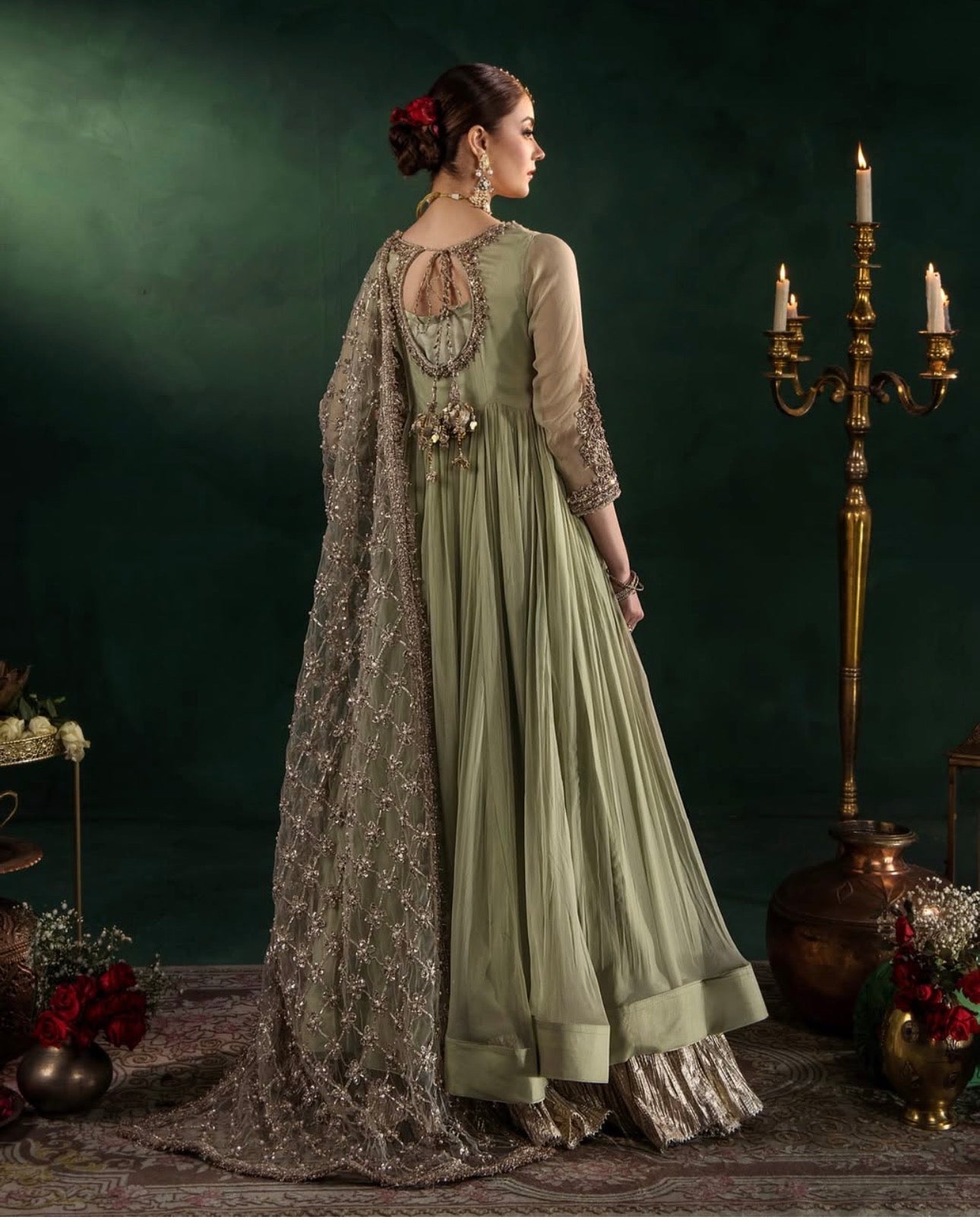 DILRUBA | 3 piece Embroidered chiffon Bridal Anarkali suit- Sage green