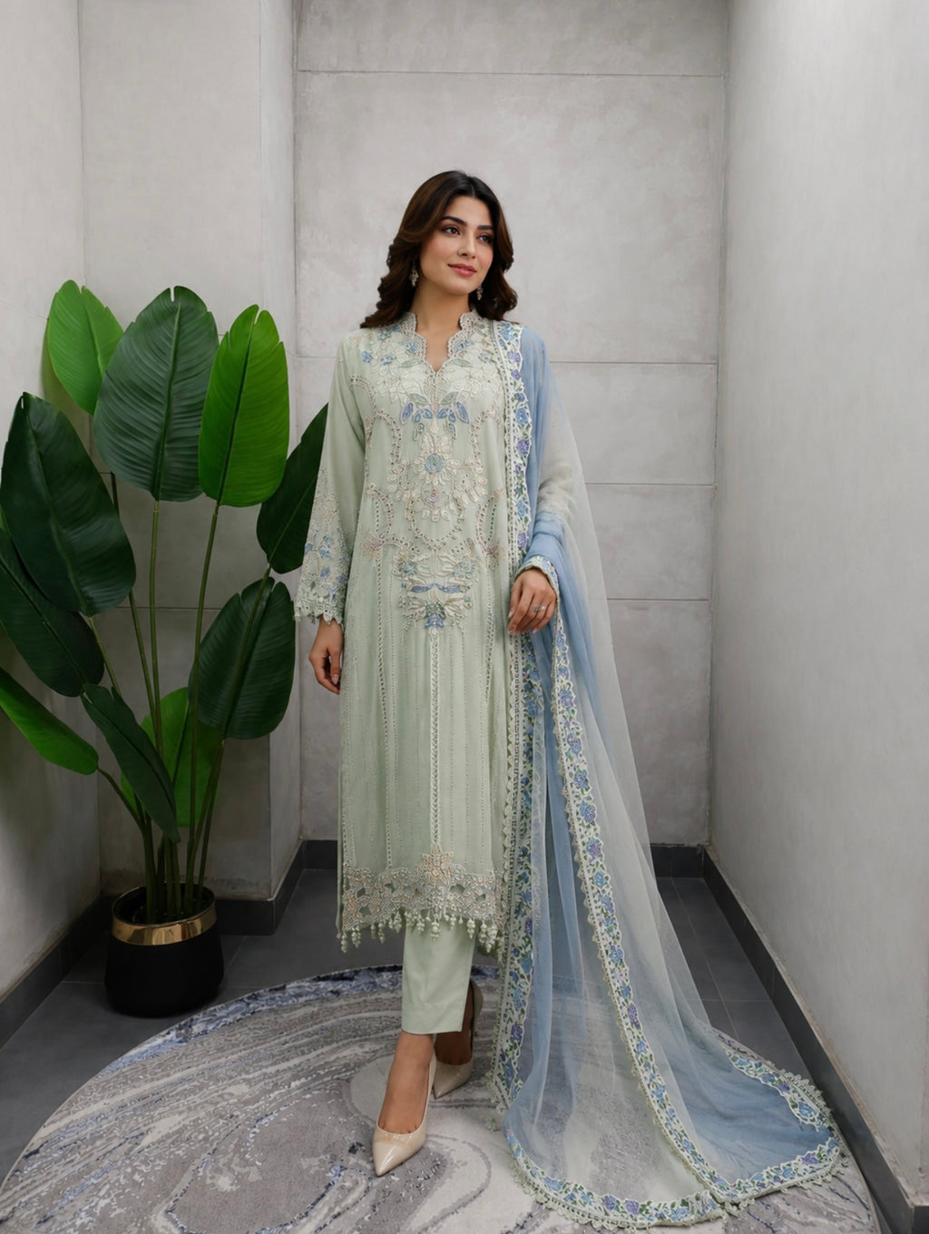 Luxury Mint Green Embroidered Pakistani Chiffon suit | Women’s Festive Wear