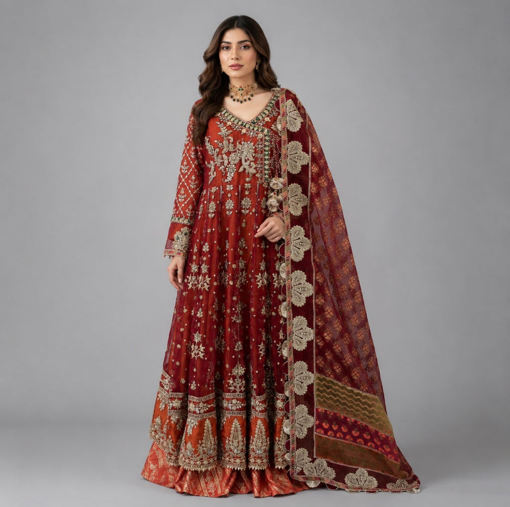 Rust Royale | heavy Embroidered Anarkali 3-Piece Suit with banarsi Organza Dupatta
