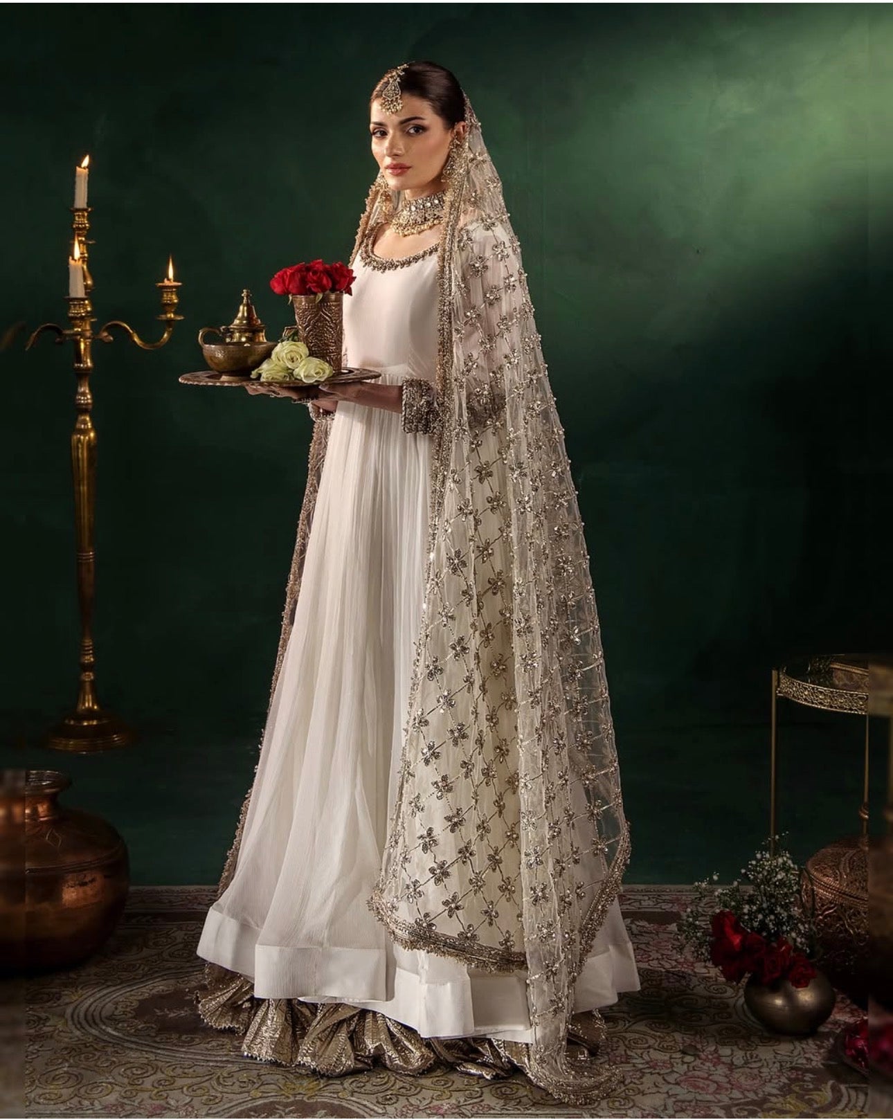 DILRUBA | 3 piece embroidered chiffon wedding wear Anarkali suit - white