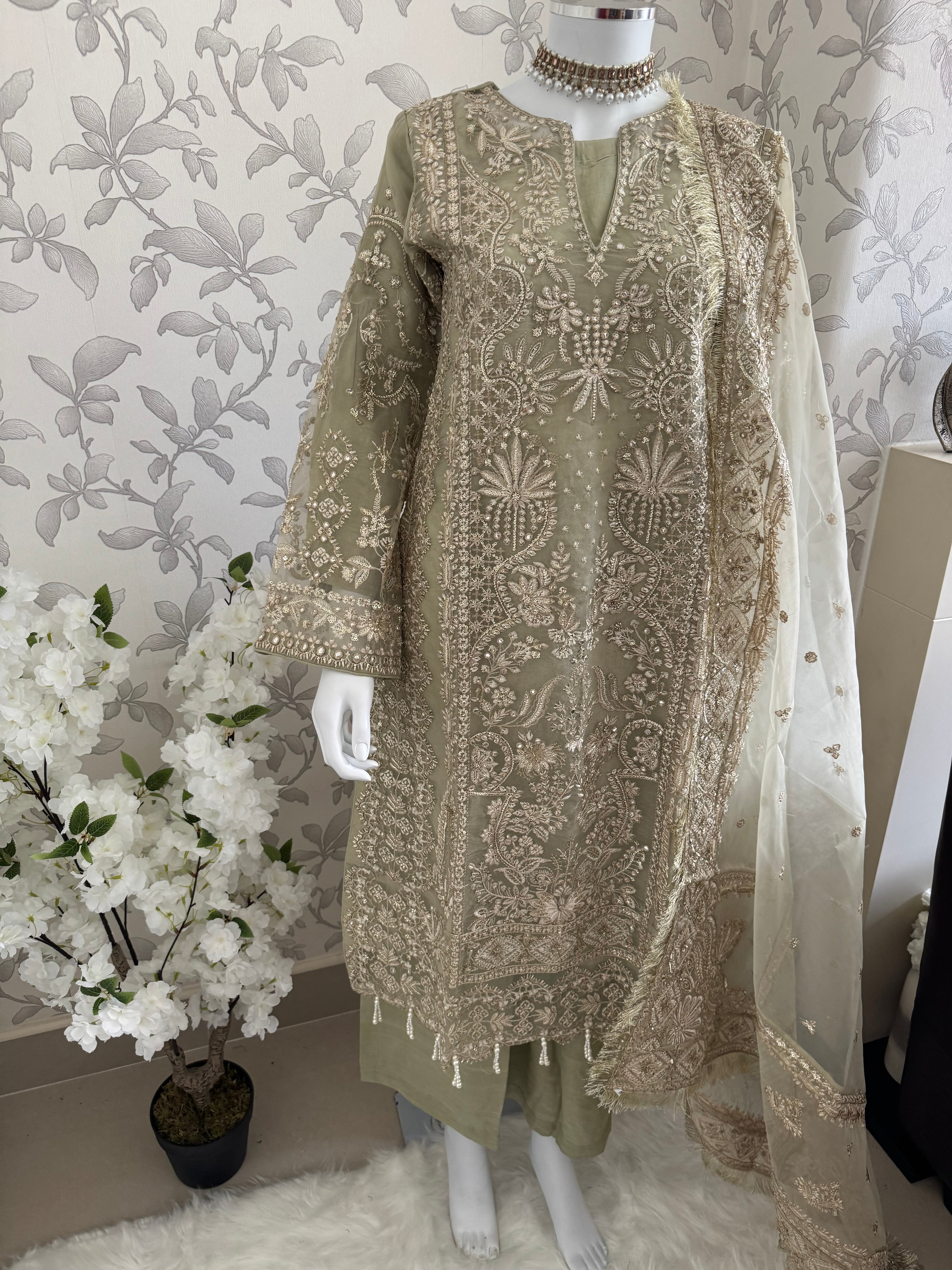AFROZ Sage green | 3 piece Embroidered soft Organza Suit
