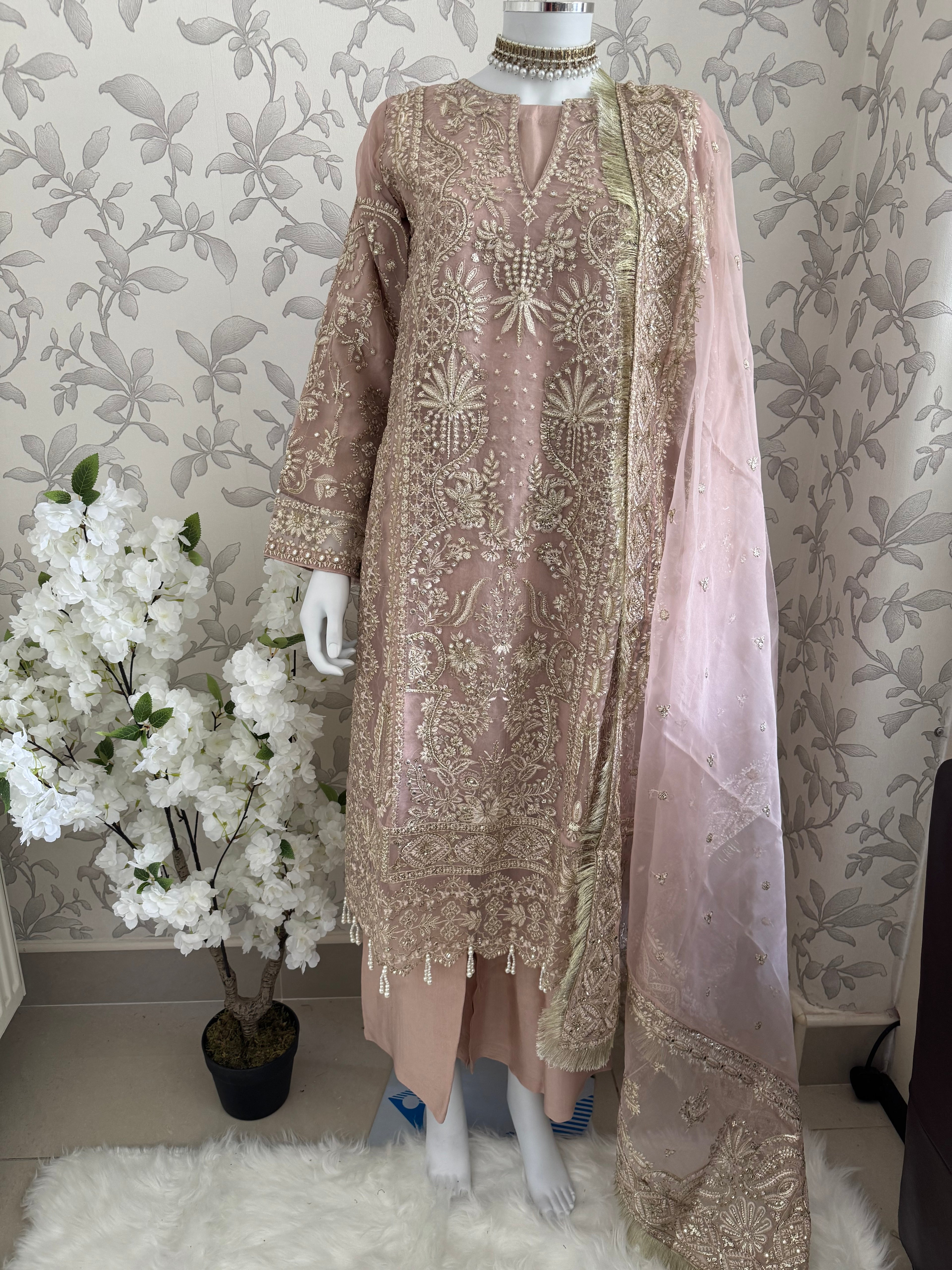 AFROZ Blush Pink | 3 piece Embroidered soft Organza suit