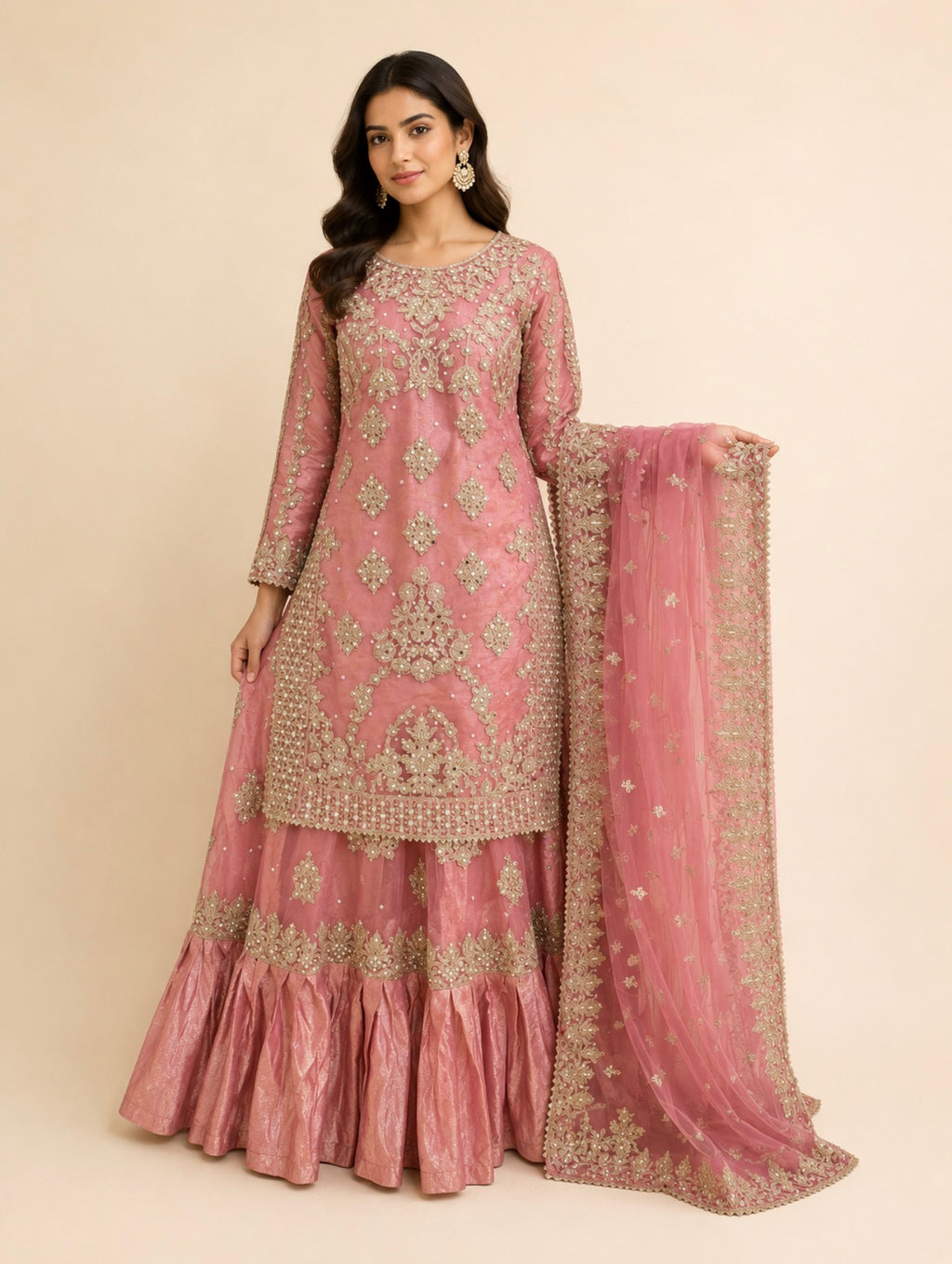 SONNA | 3 piece Luxury Embroidered Net wedding Sharara stitched Suit