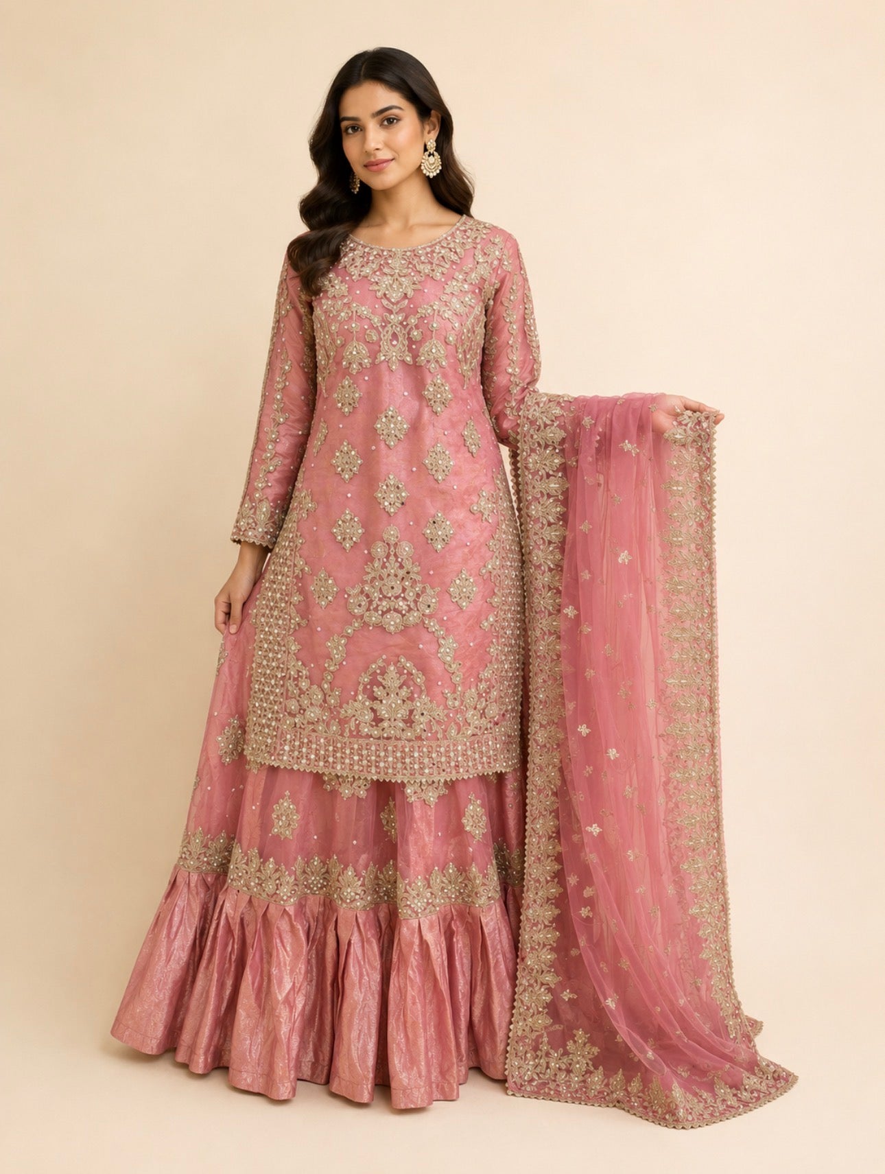 SONNA | 3 piece Luxury Embroidered Net wedding Sharara stitched Suit