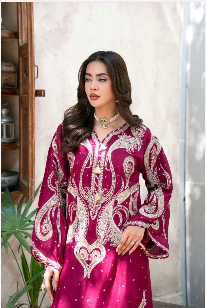 ROYA | 2 piece Magenta Embroidered viscose Kaftan Set Festive & Party Wear
