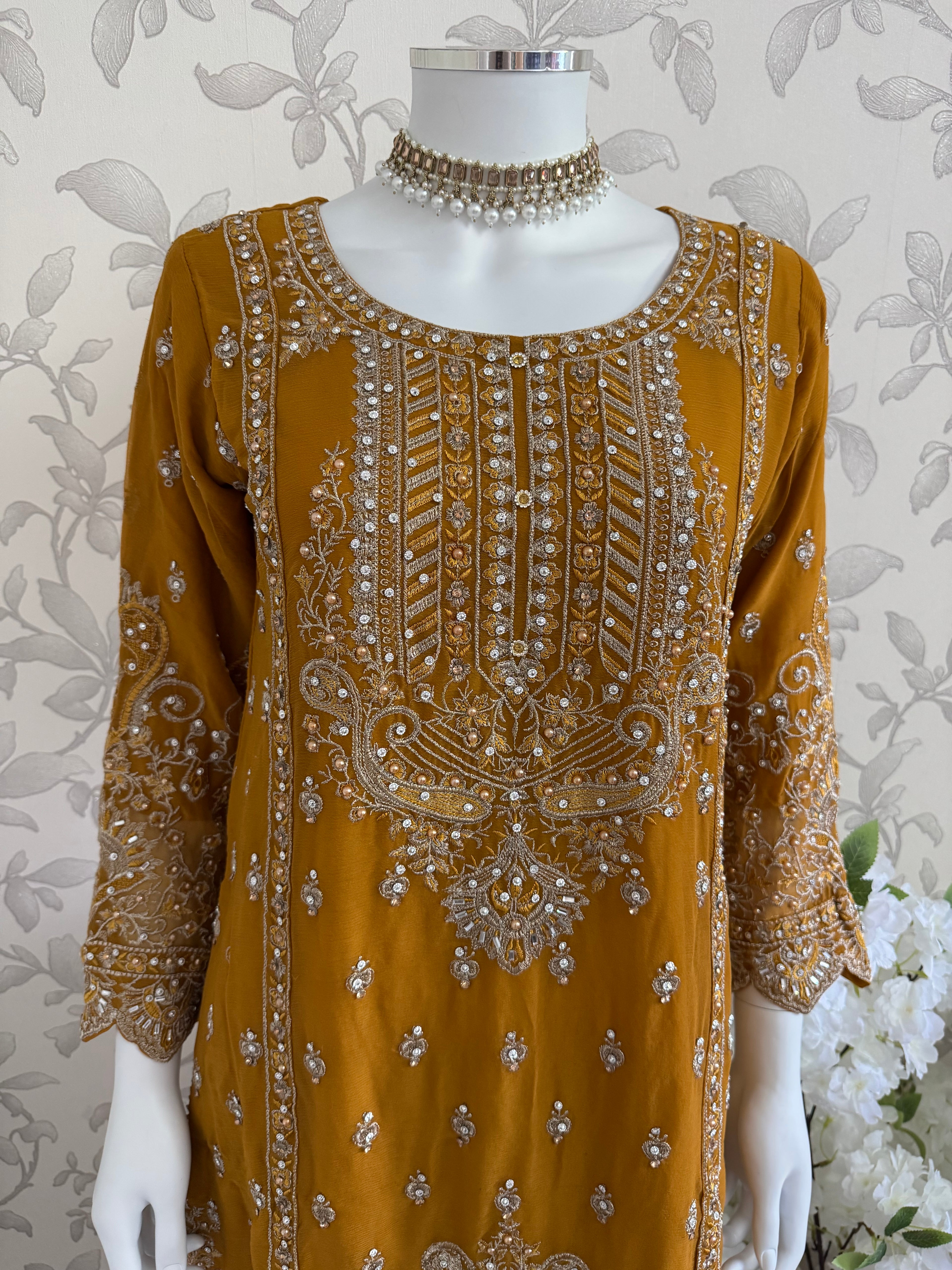 SAFFA | 3 piece Embroidered Chiffon Gharara Suit
