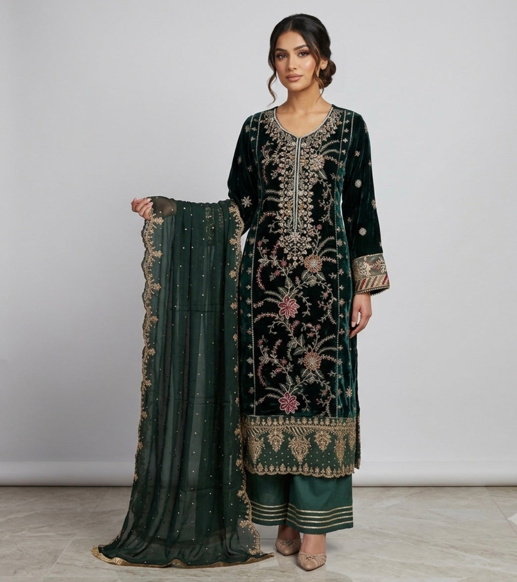 MAHRUKH | 3 piece Heavy Embroidered velvet wedding Suit