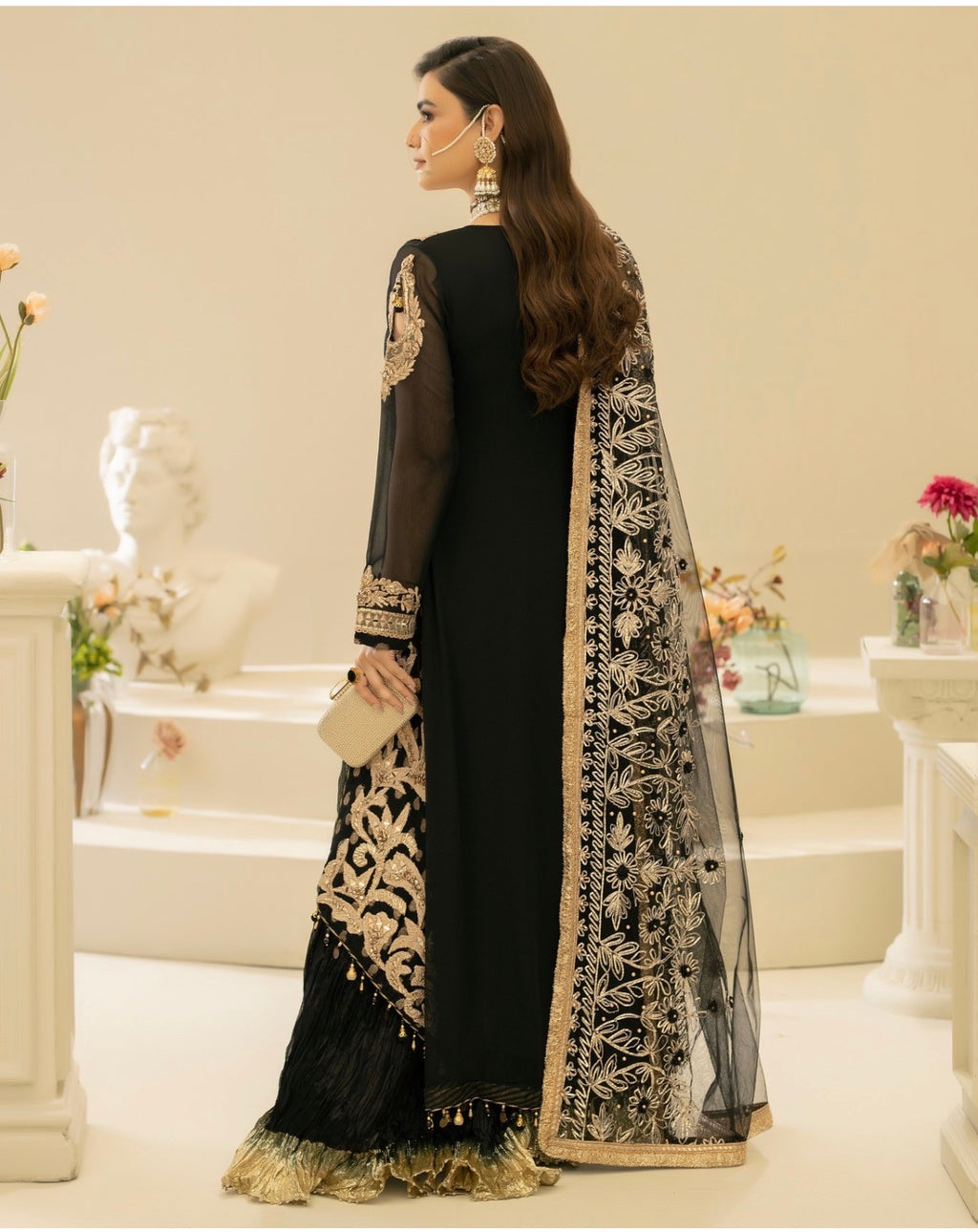 Black Embroidered 3 piece Sharara Suit | Pakistani Wedding Guest Dress