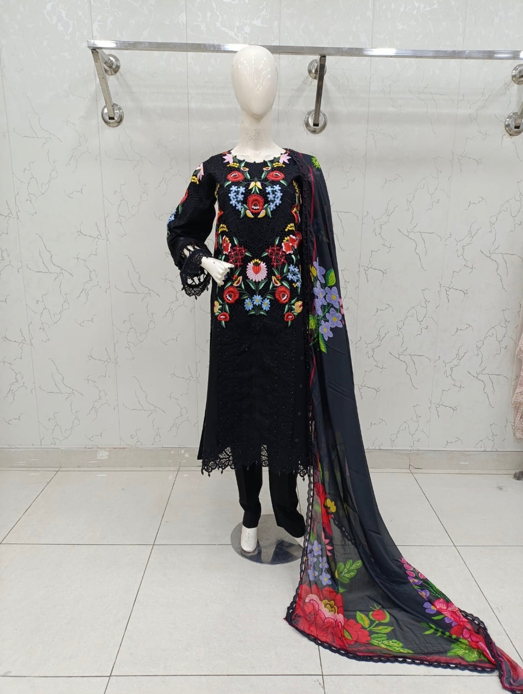 Midnight Bloom | 3 piece Luxury Embroidered Lawn Suit
