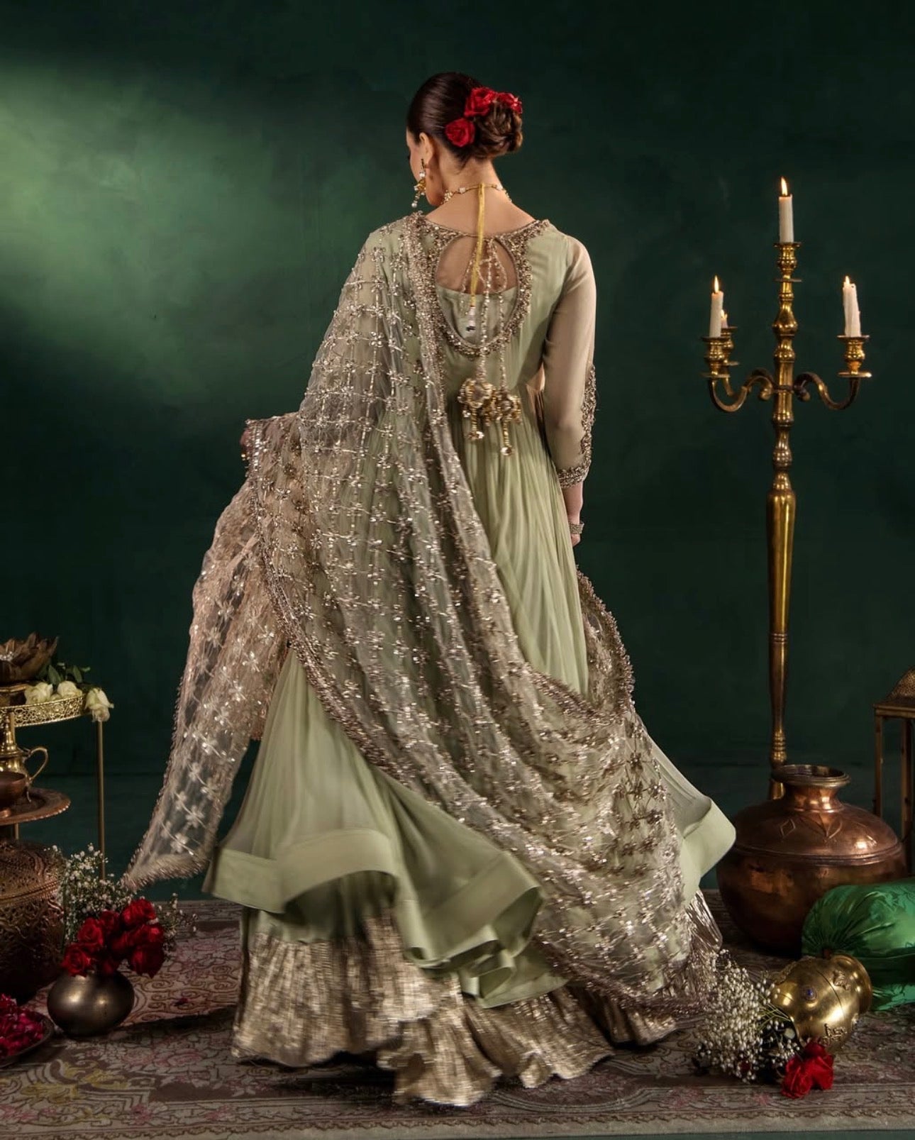 DILRUBA | 3 piece Embroidered chiffon Bridal Anarkali suit- Sage green
