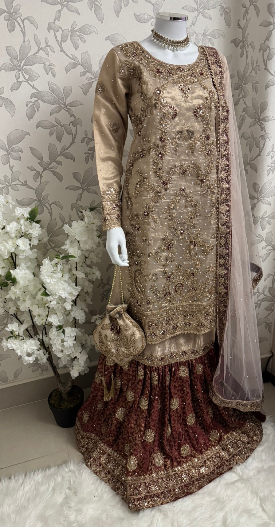 AMAIRA | 3 pieces heavy Embroidered shinny Masoori wedding Gharara Suit