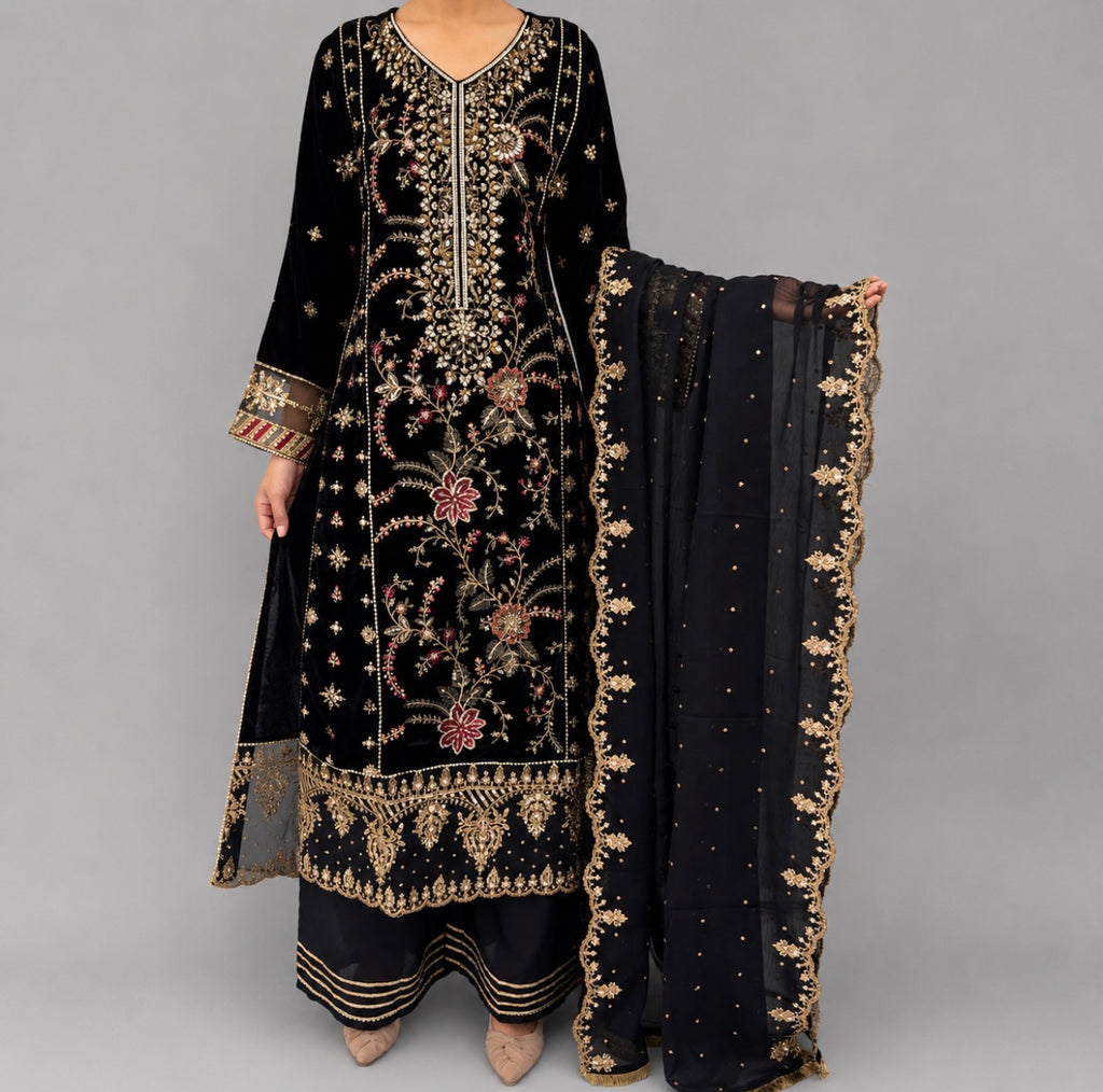 MAHRUKH | 3 piece Heavy Embroidered velvet wedding Suit