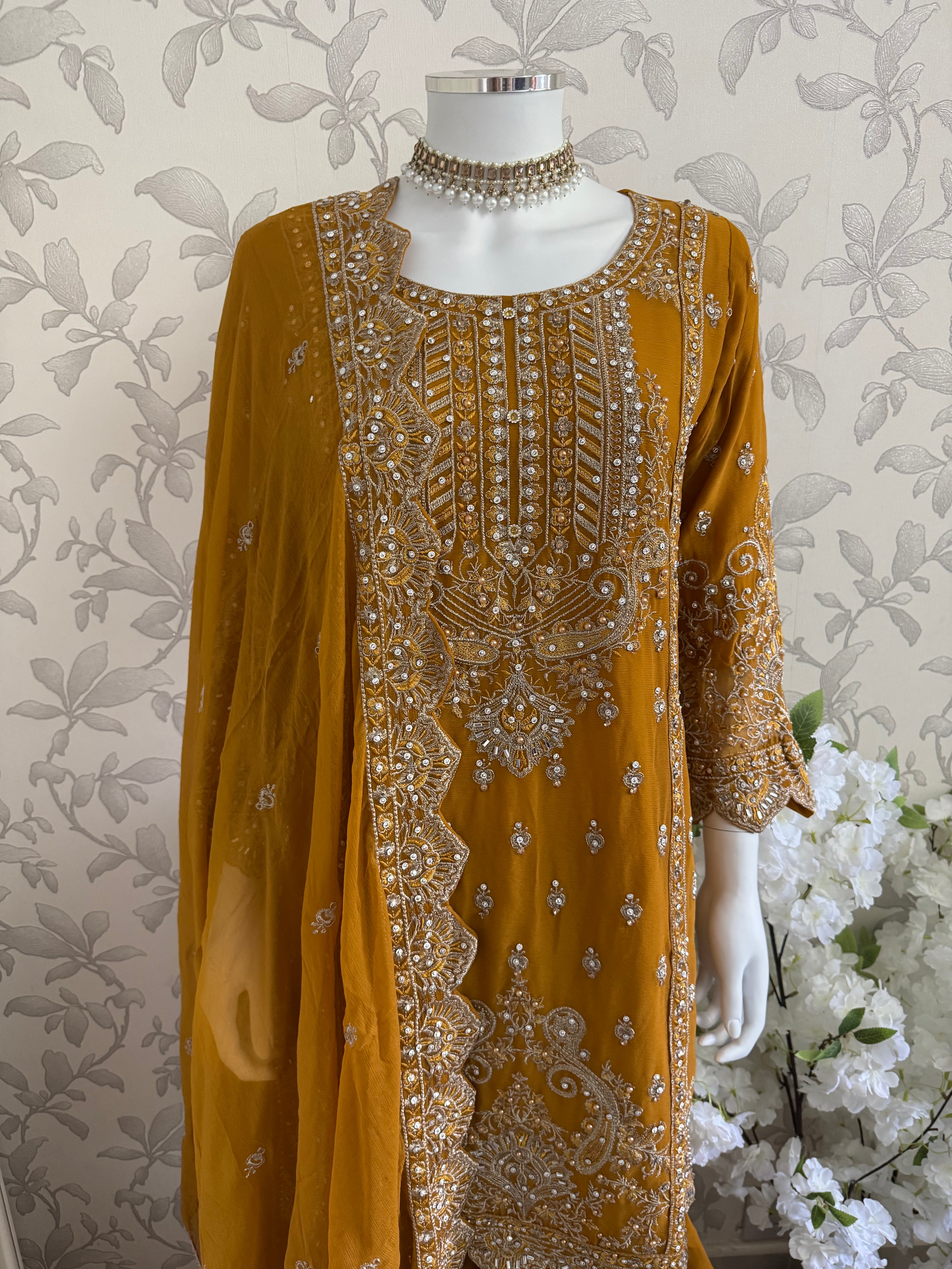 SAFFA | 3 piece Embroidered Chiffon Gharara Suit