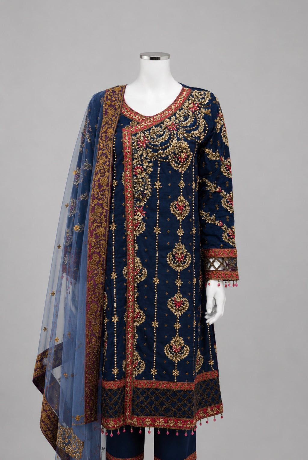 MEENA | 3 pcs Heavy Embroidered silk wedding suit