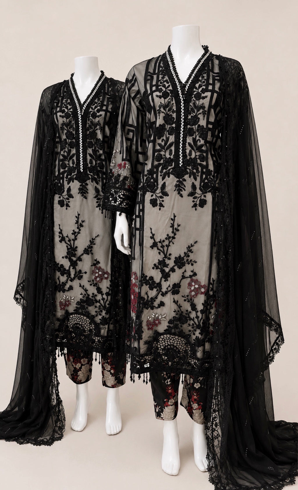 Noir Blossom | 3 piece Luxury Embroidered Net Suit