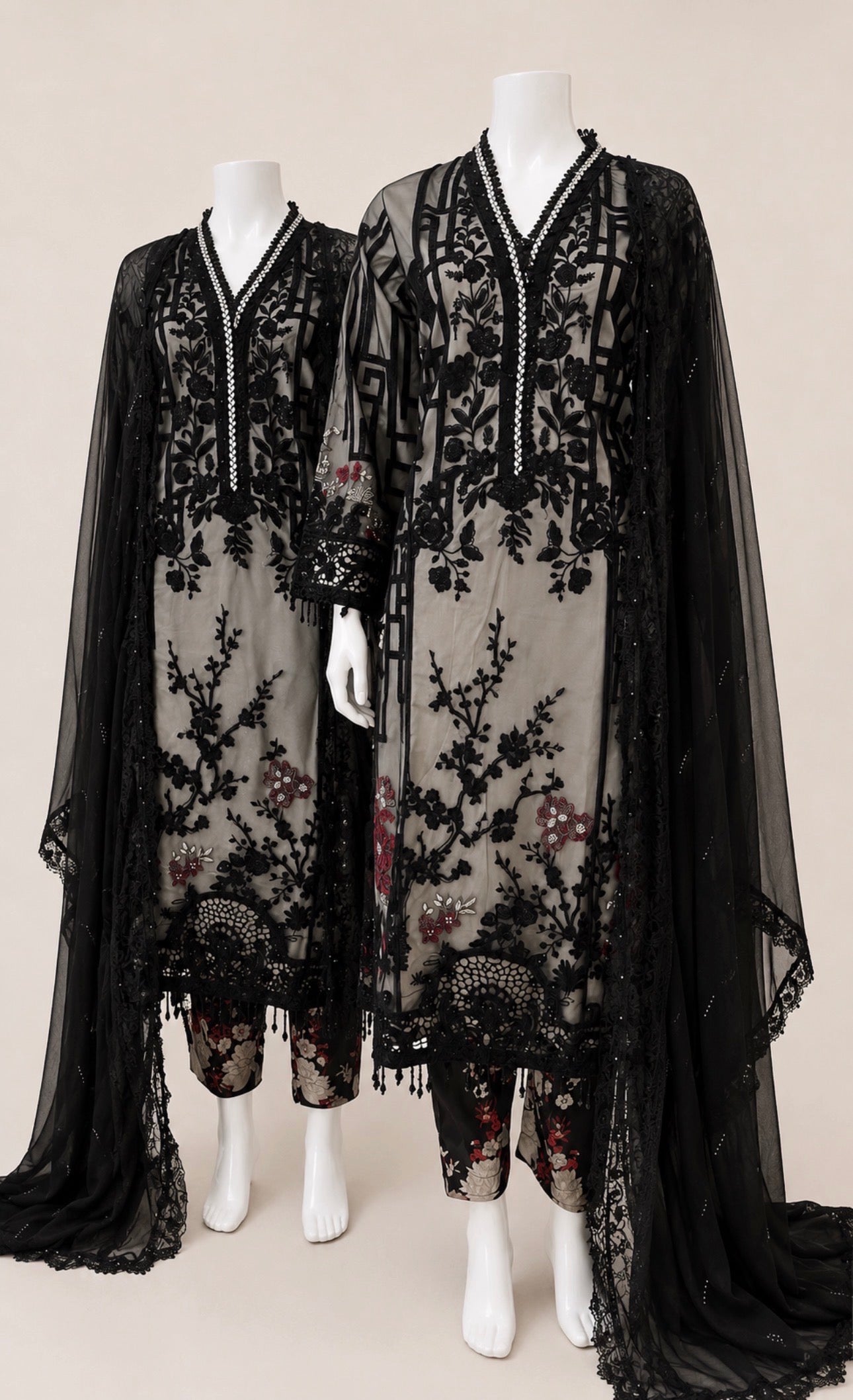 Noir Blossom | 3 piece Luxury Embroidered Net Suit