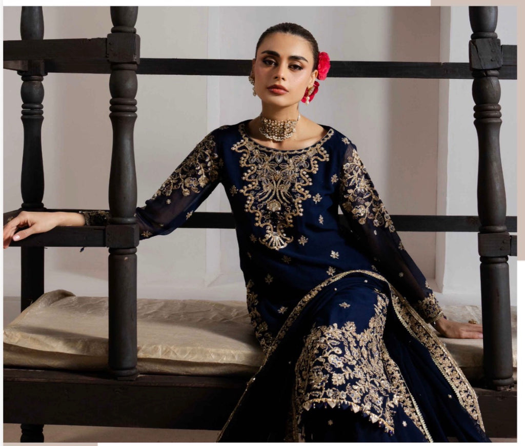 ALANI Navy Blue | 3 piece Embroidered chiffon sharara Suit