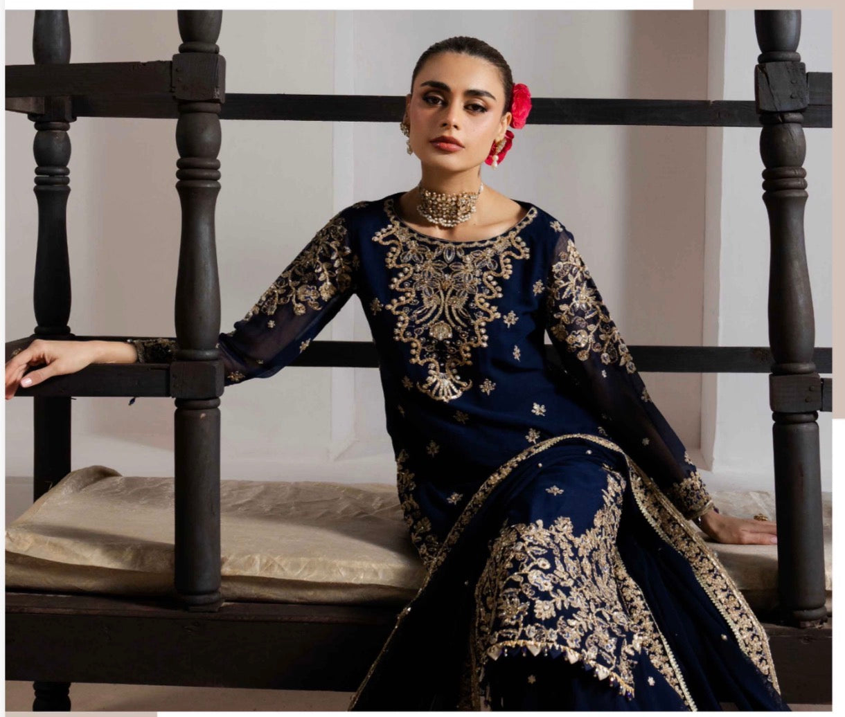 ALANI Navy Blue | 3 piece Embroidered chiffon sharara Suit