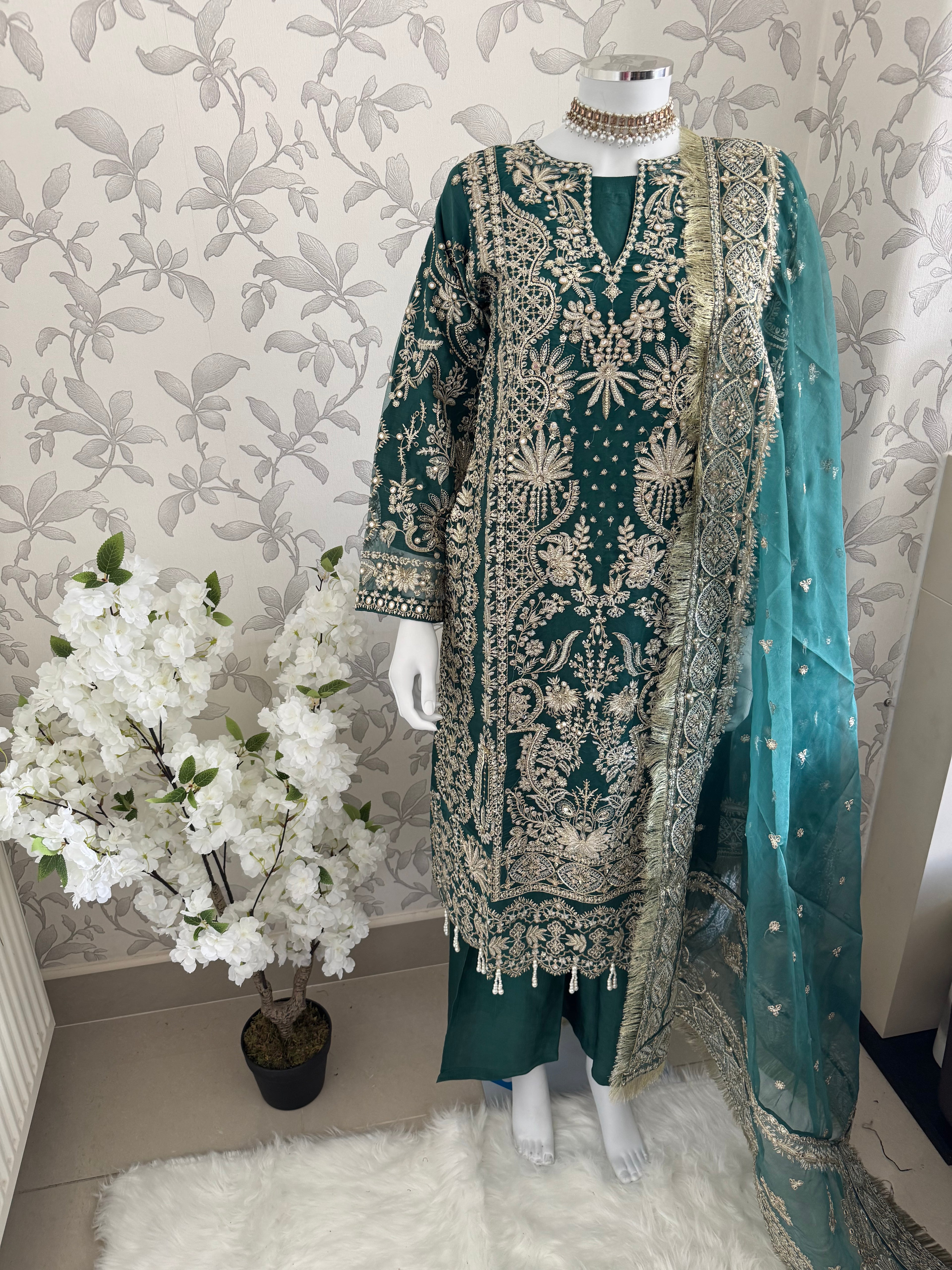 AFROZ Emerald | 3 piece Embroidered soft Organza Suit