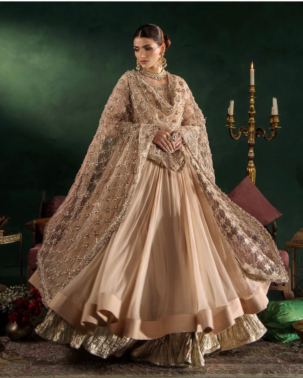 DILRUBA | 3 piece embroidered chiffon Bridal Anarkali suit - Champagne Beige