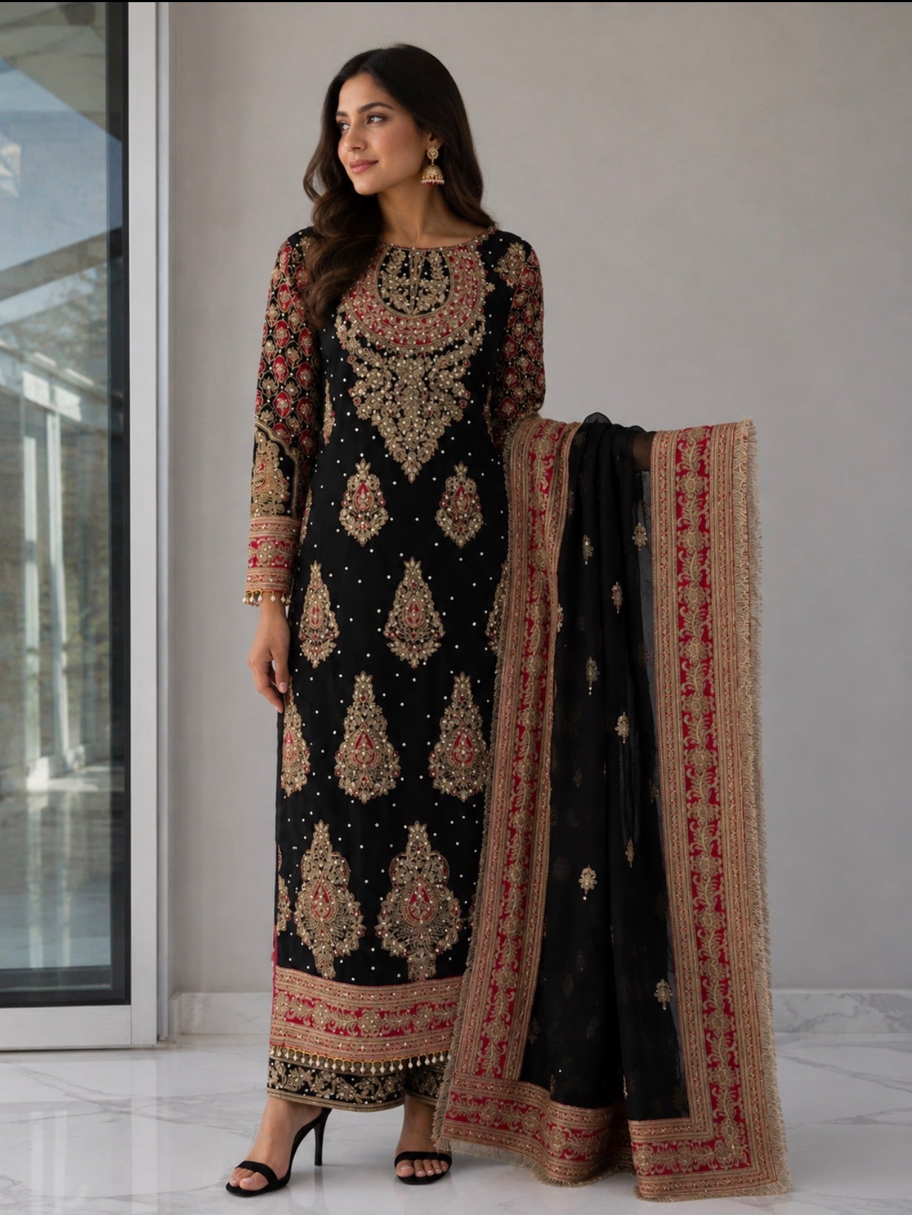 MAAHI | 3 piece heavy Embroidered Silk wedding wear suit- BLACK