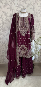 SAFFA | 3 piece Embroidered Chiffon Gharara Suit