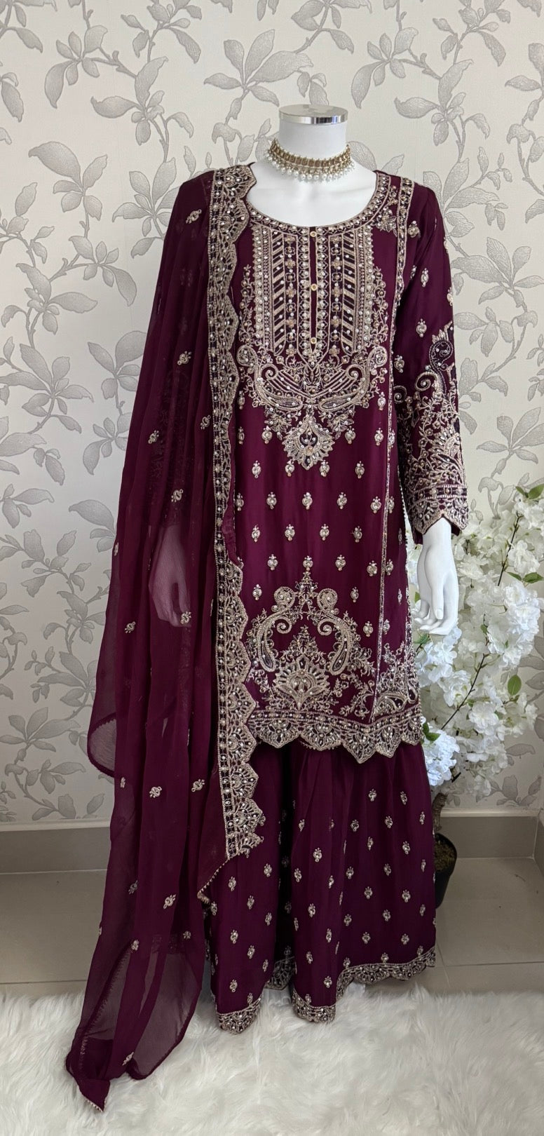 SAFFA | 3 piece Embroidered Chiffon Gharara Suit